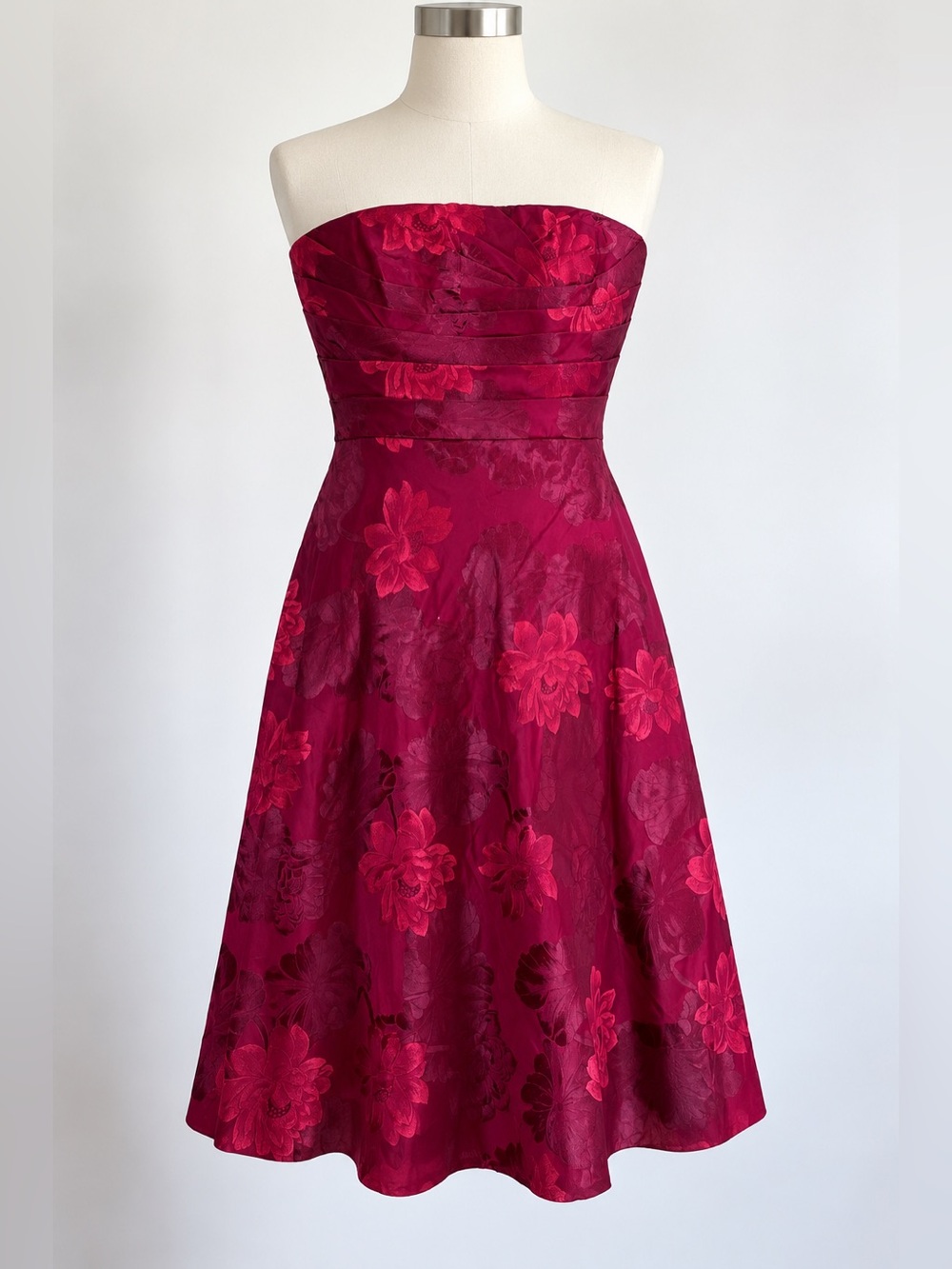 Carmen Marc Valvo Women 14 Burgundy Floral Strapless Party Cocktail Formal Dress